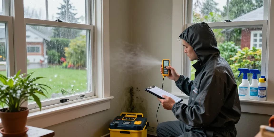 Mold Remediation West Vancouver technician inspecting damp corner in home, showcasing professional equipment and attention to detail.