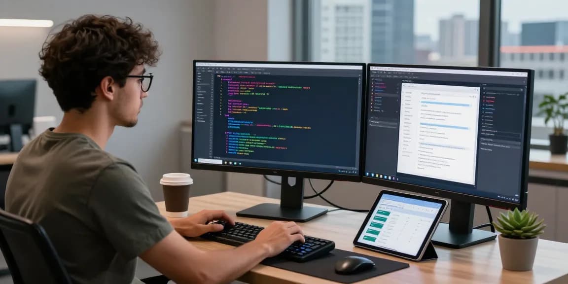 WPS Download in a modern office setup with a developer coding on dual monitors and tech gadgets.