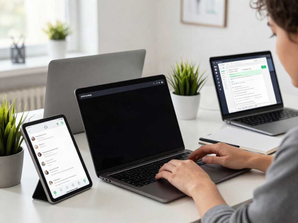 Engaging with OGWhatsApp on smartphone and tablet in a modern workspace.