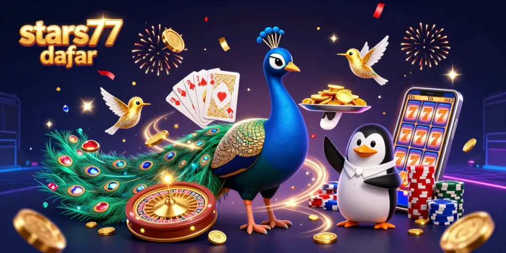 Permainan yang menegangkan dan menyenangkan di stars77 daftar dengan gambar merak dan chip emas.