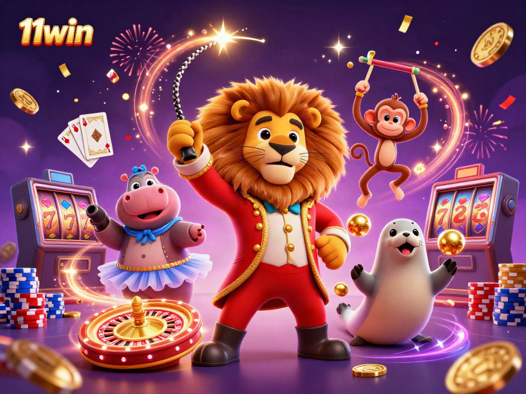 Experience excitement at 11win with lively characters and casino elements in a vibrant 3D illustration.