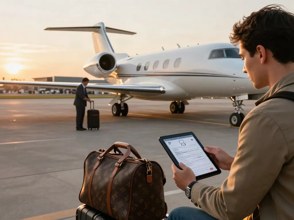 Flight charter Ontario with a traveler checking private jet itinerary at sunset.