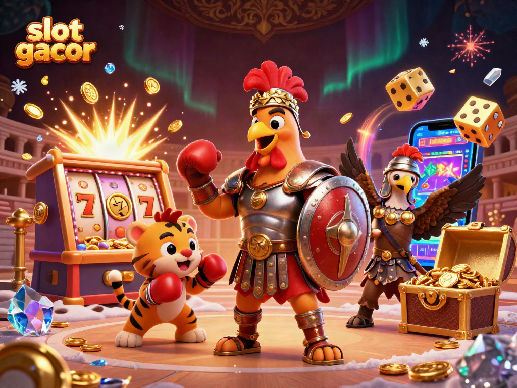 Experience the excitement of slot gacor with a cartoon gladiator rooster and dynamic casino elements.