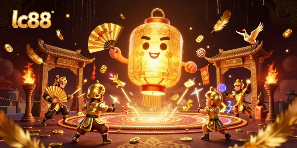 Engage with lc88 casino's vibrant atmosphere featuring a golden lantern spirit and lucky symbols.