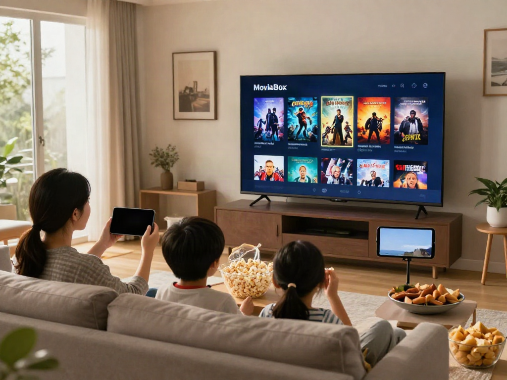 Family enjoying movie night with movie box download on TV
