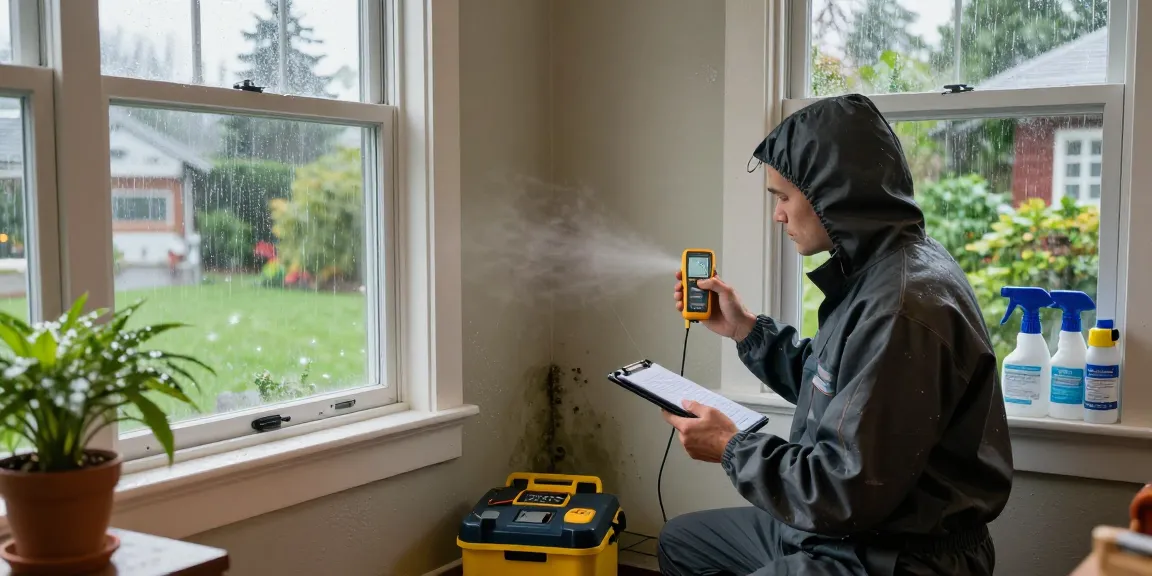 Mold Remediation West Vancouver technician inspecting damp corner in home, showcasing professional equipment and attention to detail.