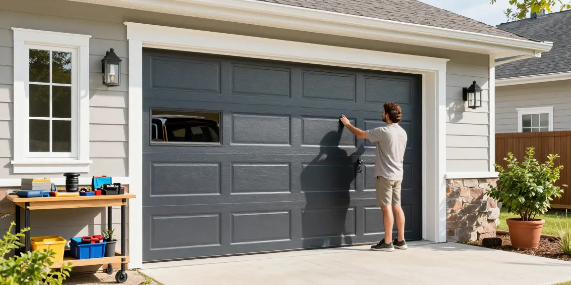 Garage doors Niagara Falls showcased in a cozy residential setting with a homeowner inspecting a modern installation.