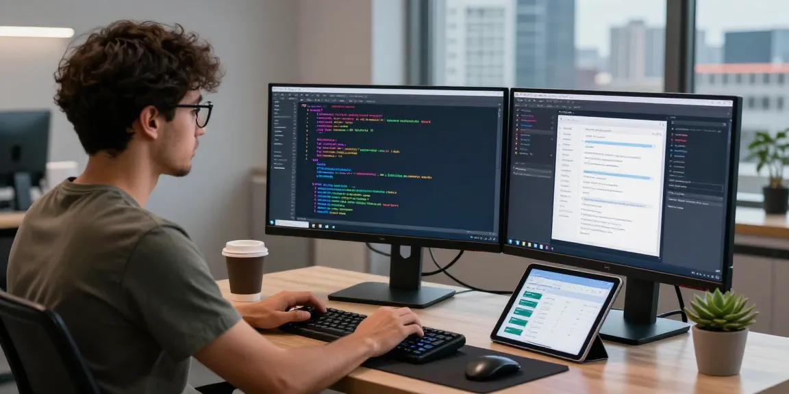 WPS Download in a modern office setup with a developer coding on dual monitors and tech gadgets.