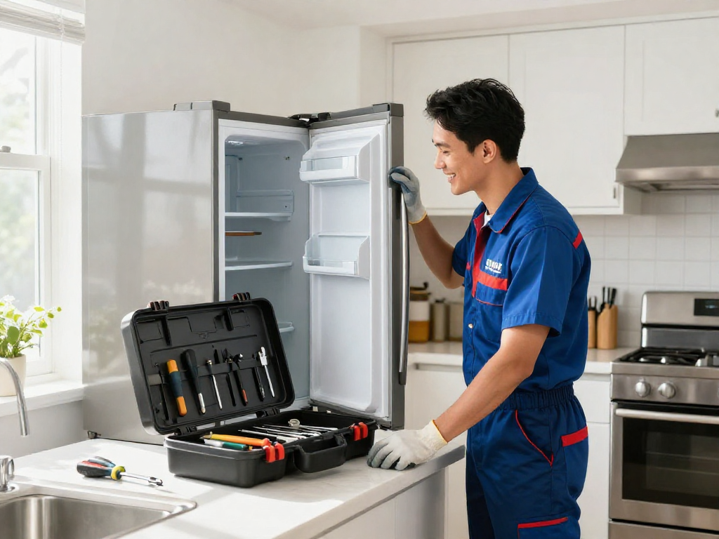 Appliance Repair in Vaughan: Skilled technician fixing a refrigerator in a bright kitchen, showcasing professionalism and expertise.