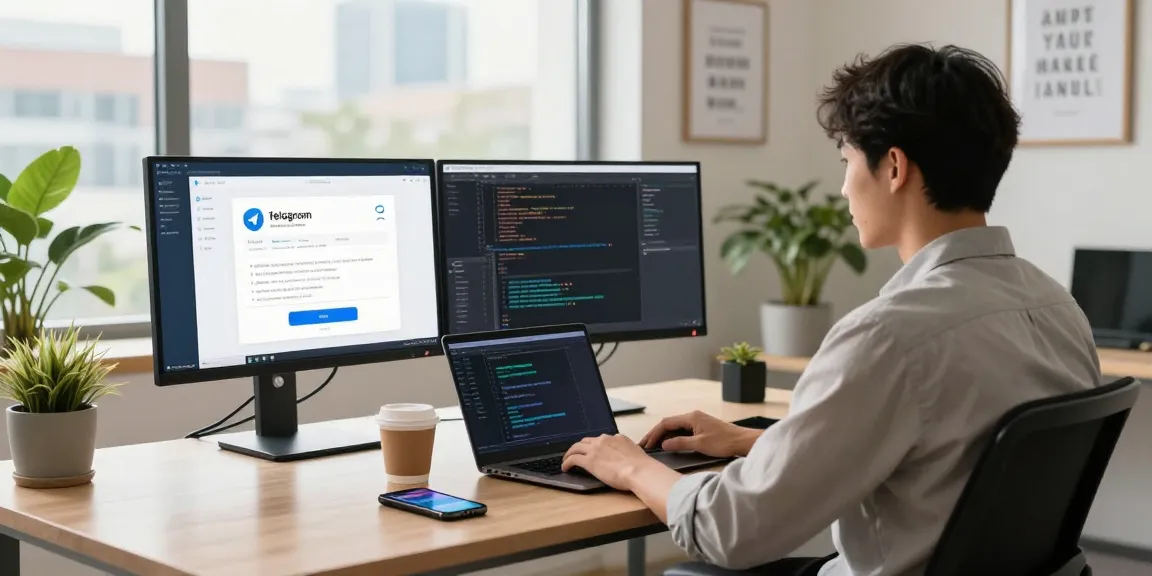 Seamless Telegram download experience presented in a modern tech workspace with developer tools.