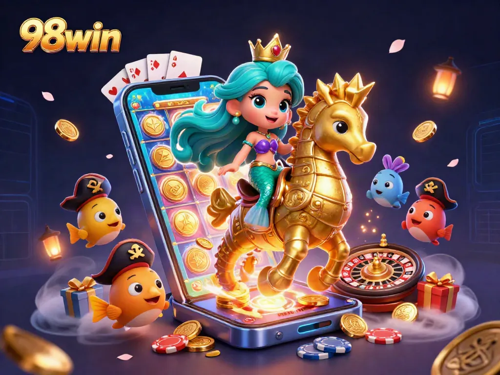 Experience the thrill of 98win with a vibrant scene of a mermaid princess and gaming elements.