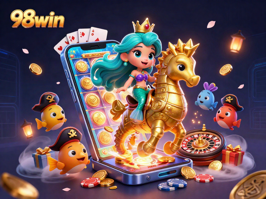 Experience the thrill of 98win with a vibrant scene of a mermaid princess and gaming elements.