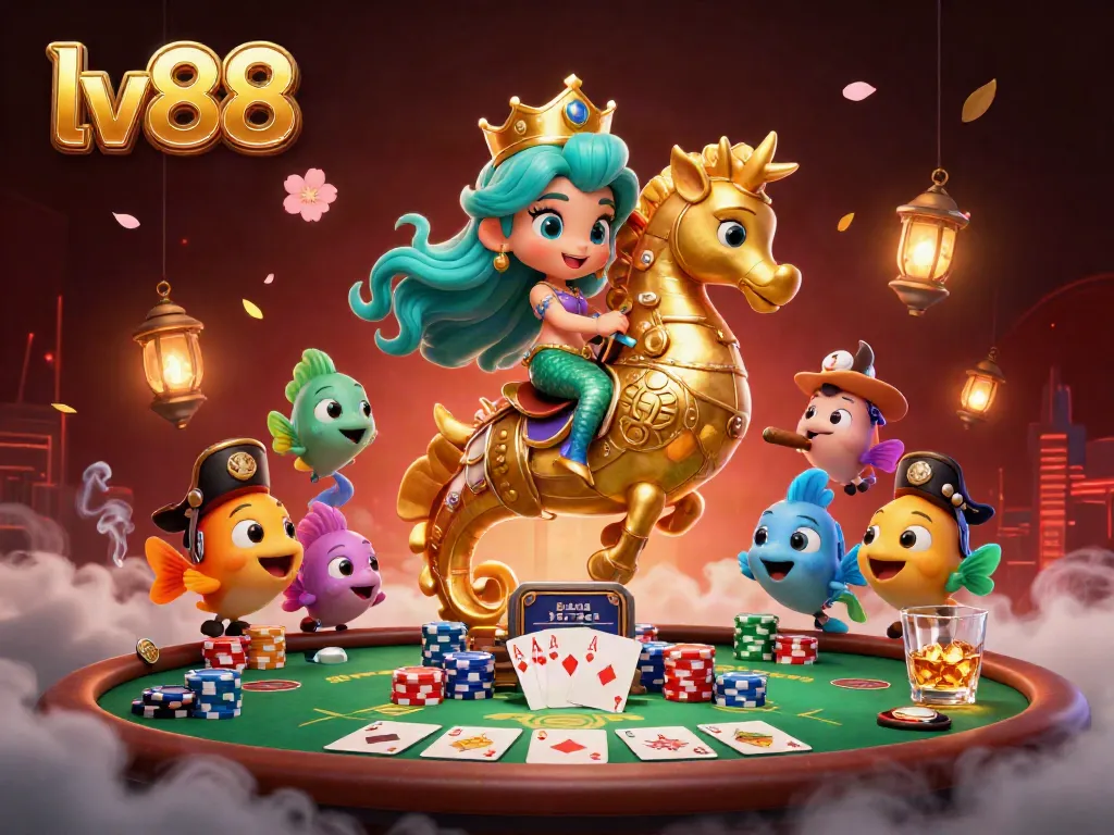 Engage in thrilling gameplay at lv88 where a mermaid princess enjoys poker with vibrant sea creatures, showcasing the casino's dynamic spirit.