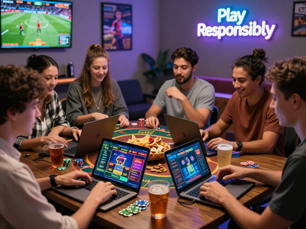 Friends enjoying online gambling together with laptops and snacks, embodying the excitement of gambleonline in 2026.