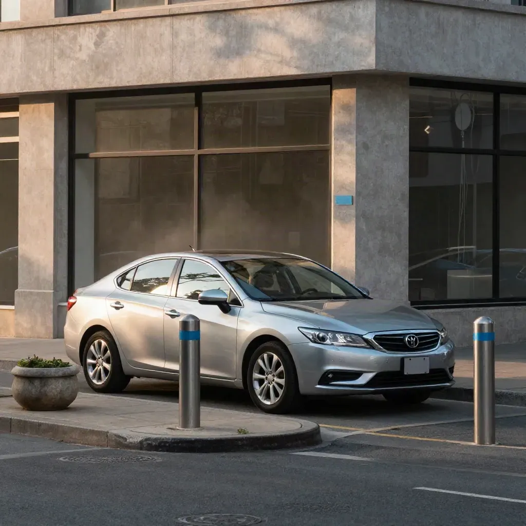 Sedan parked at a city curb beside stone planters and bollards in warm late-afternoon light.