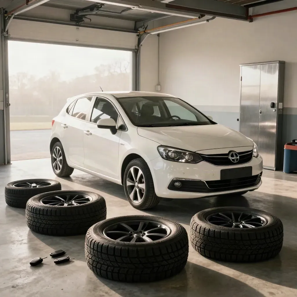 Compact hatchback in a bright garage bay with separate key fobs and winter tires.