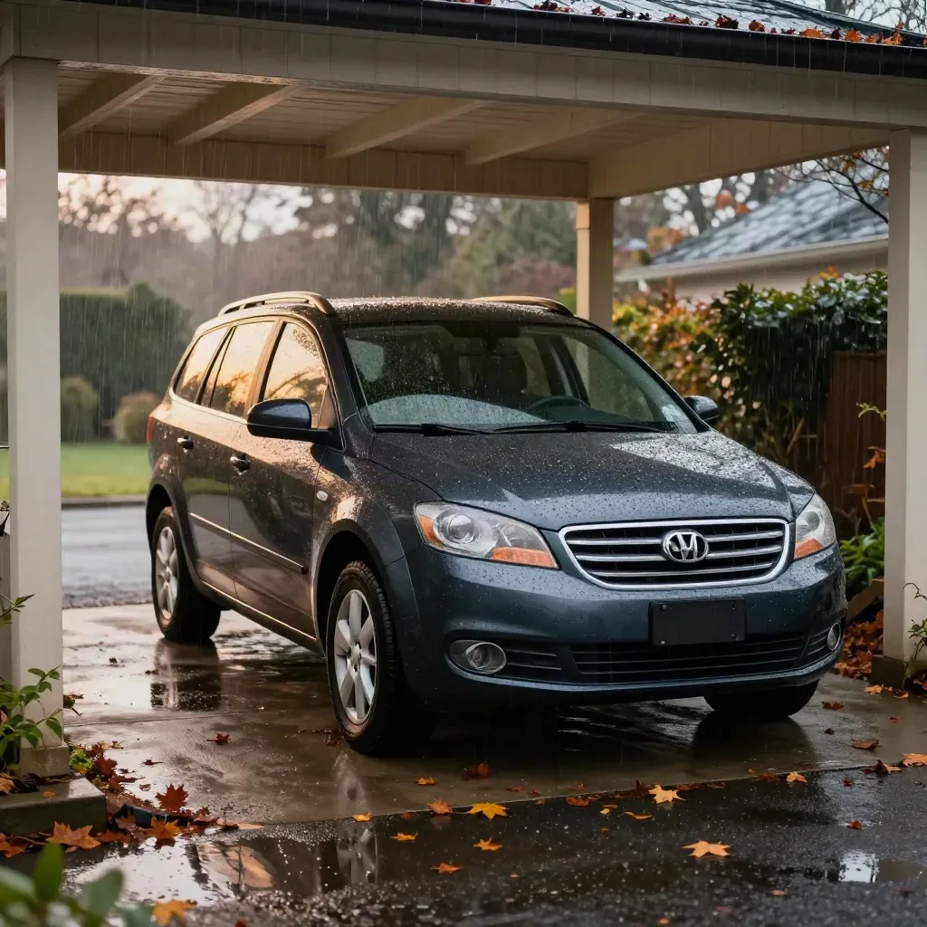 Dark wagon sheltered under a carport after hail, with wet leaves and rain-slick concrete.