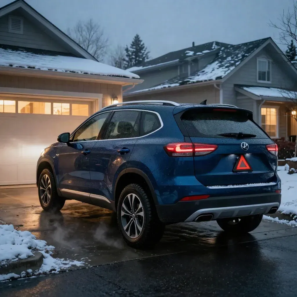 Blue-hour SUV and sedan on a snowy driveway, warm garage glow, wet curb, and mist.