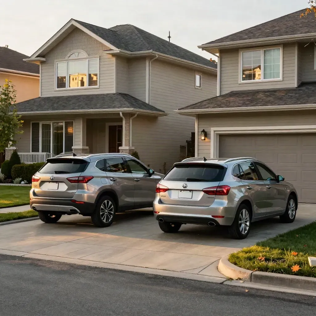 Two cars beside a suburban home with a condo tower reflected in the rear glass.
