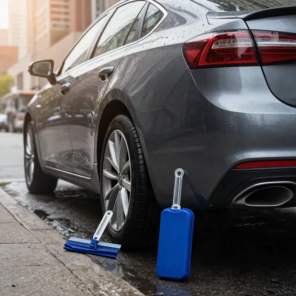 Wet charcoal sedan with roadside help gear at a misty Toronto curb.