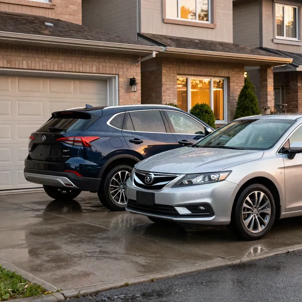 Two rain-beaded family cars in a suburban driveway before a neat townhouse and garage.