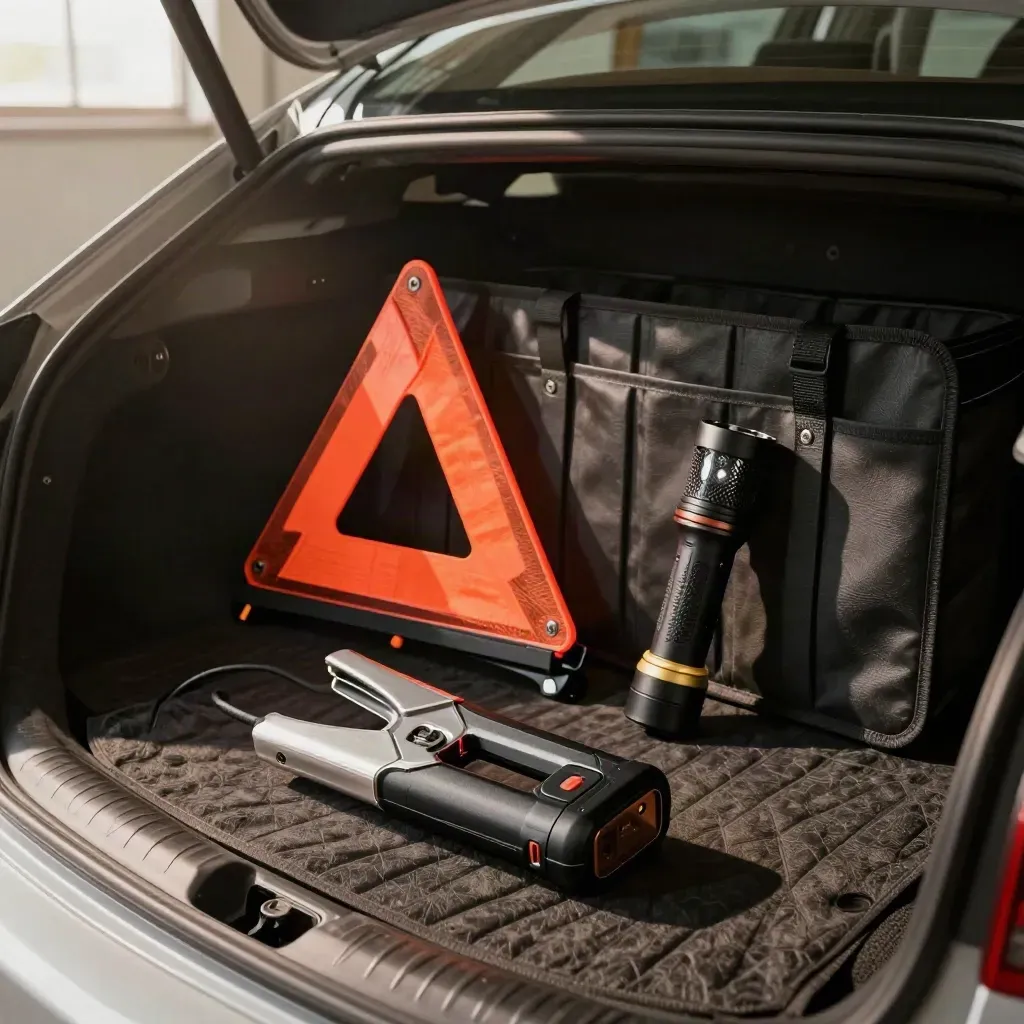 Open SUV cargo bay with jump starter, flashlight, hazard triangle and trunk organizer