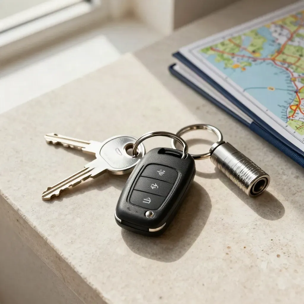 Car key fob, house key, wheel lock and road atlas on pale stone with soft side light.