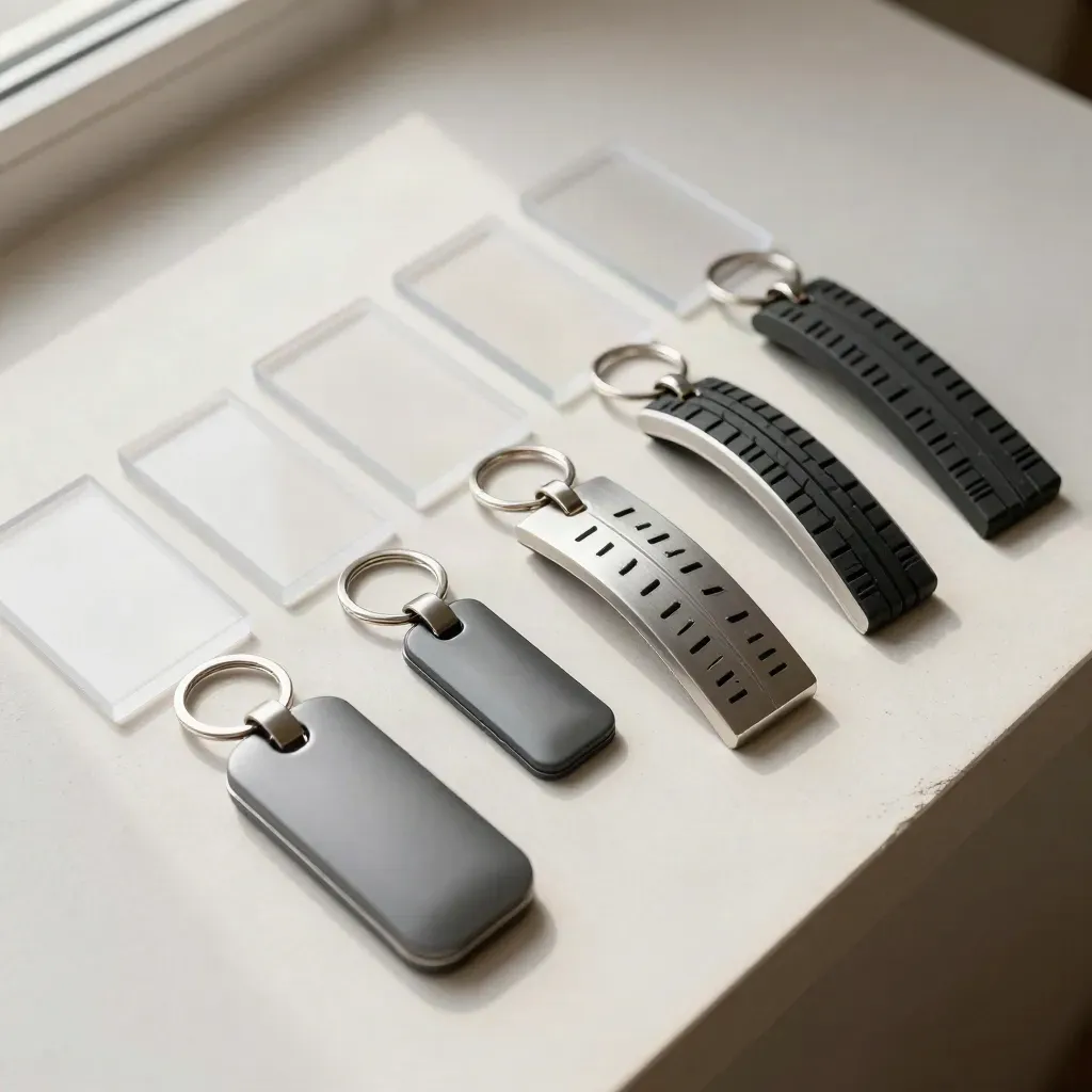Translucent quote cards, key fobs, and tire tread strip arranged in neat rows on a pale plaster surface.