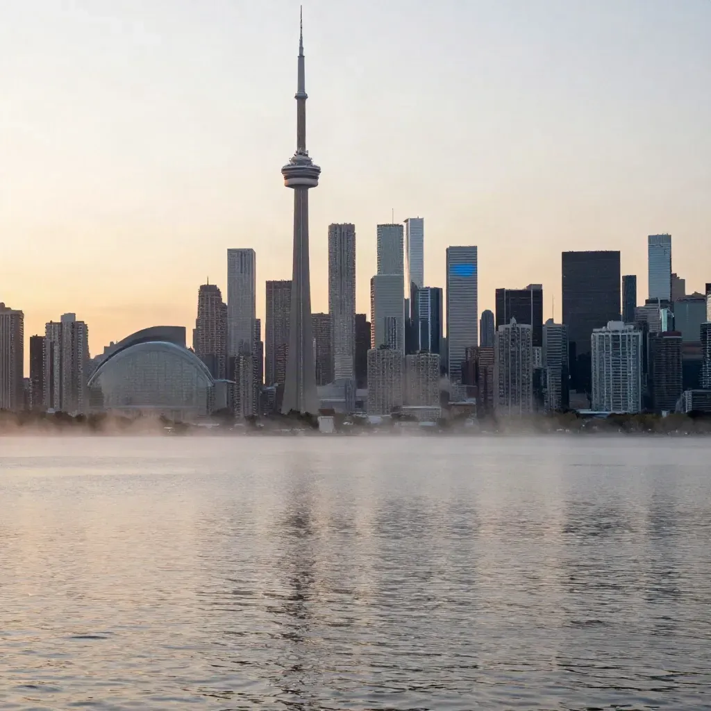 Toronto skyline above misty lake at sunrise with calm water and soft haze