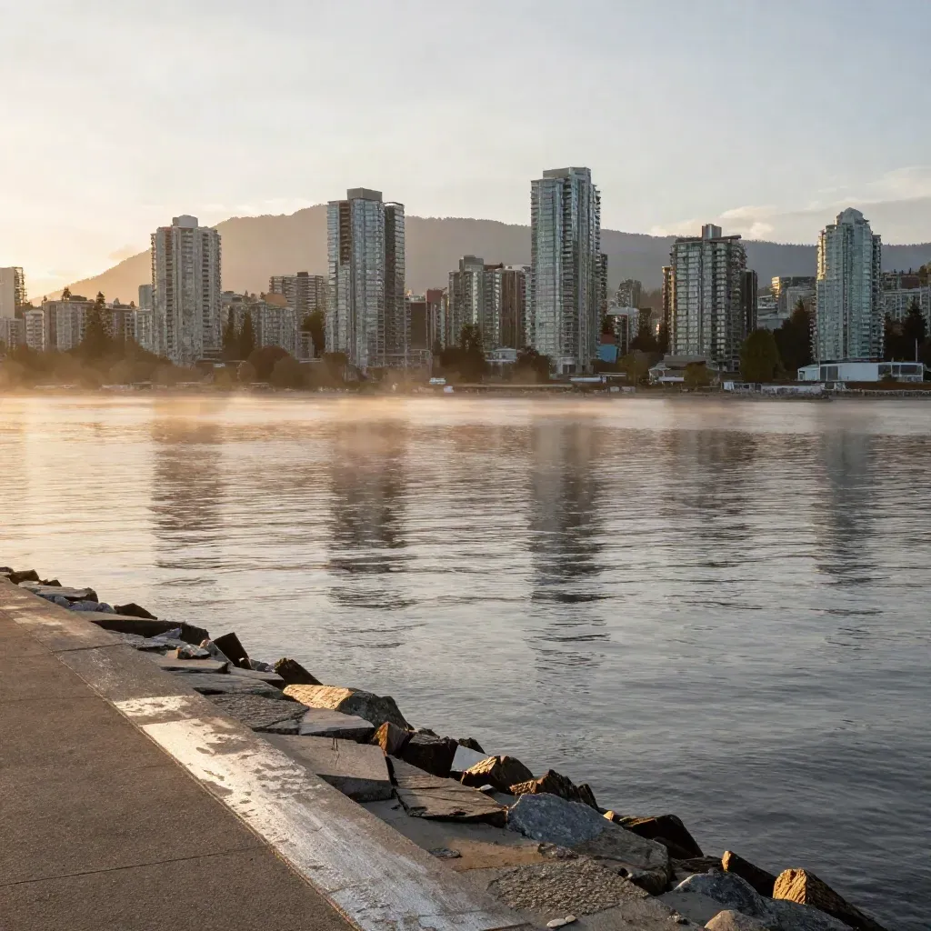 Vancouver skyline over Burrard Inlet in golden haze with mountains and evergreen shore.