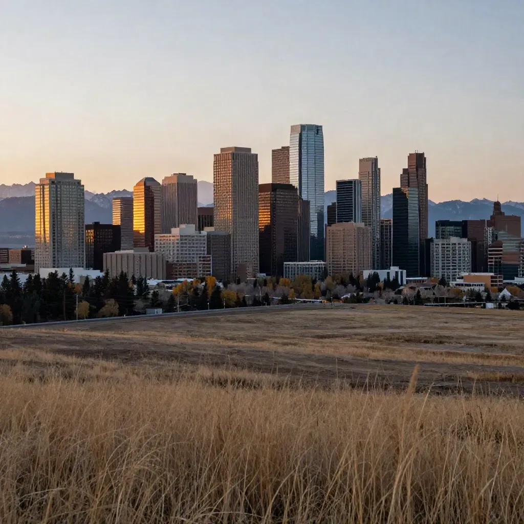 Calgary skyline at sunset with faint Rockies and open prairie foreground