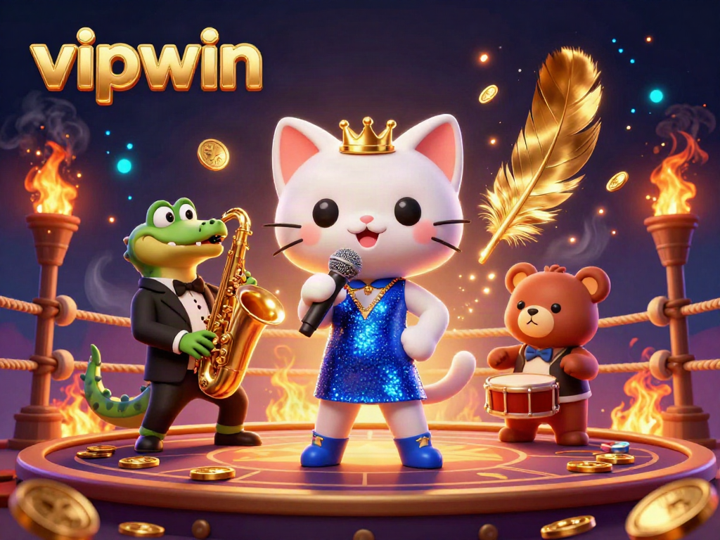 Experience the thrilling world of vipwin featuring a jazzy cat, crocodile, and bear in a lively casino setup.