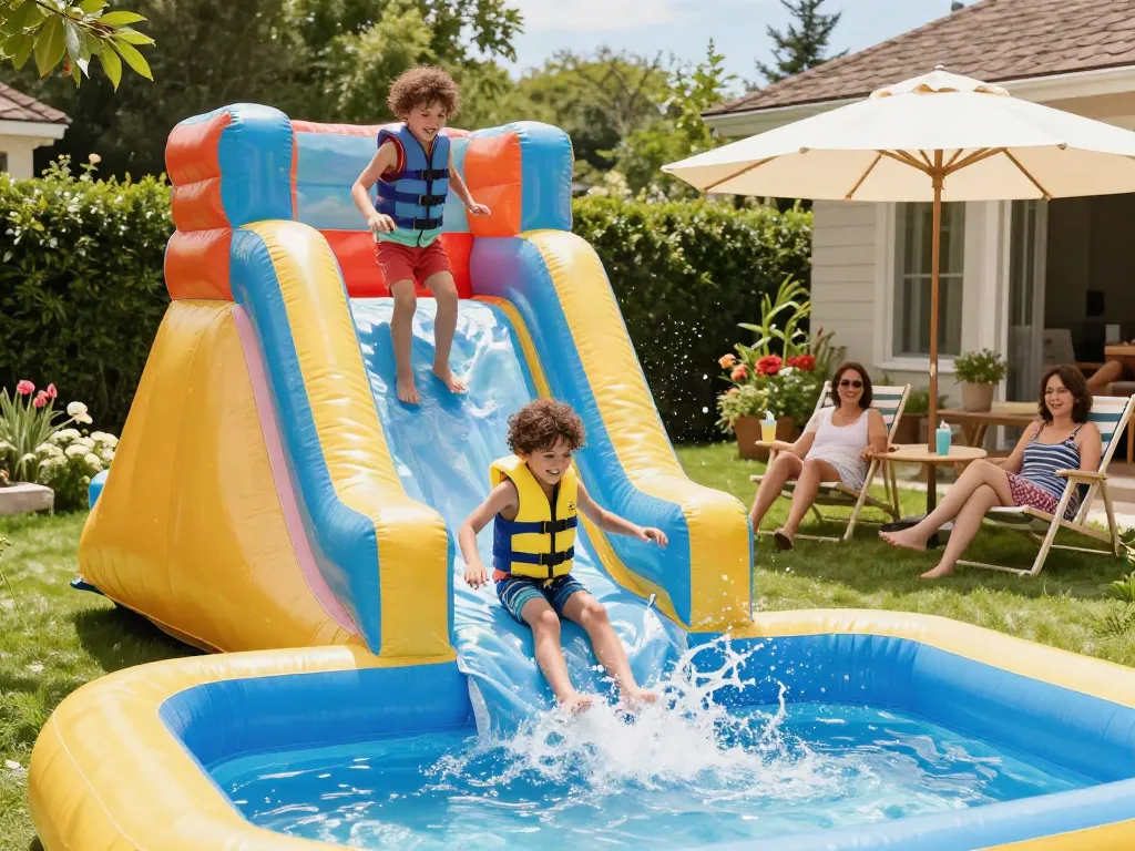 Children splashing on an inflatable water slide in a sunny backyard, capturing summer fun.