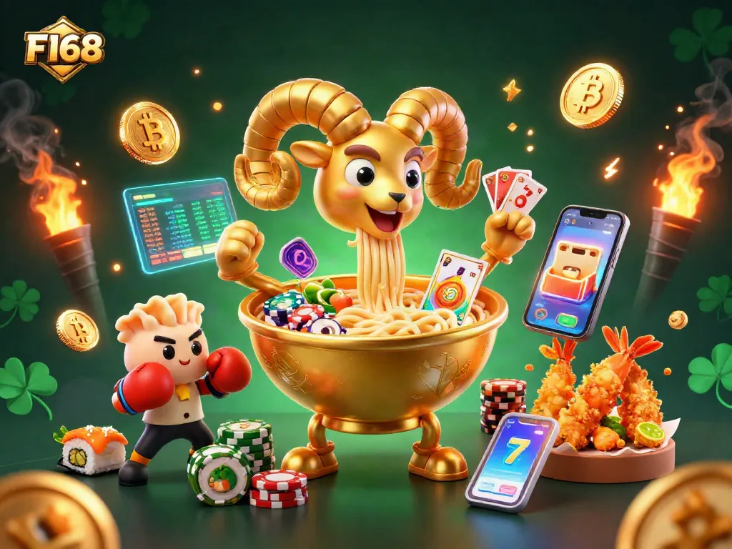 F168 illustration showcasing dynamic casino elements with a vibrant golden ramen bowl character and crypto coins.