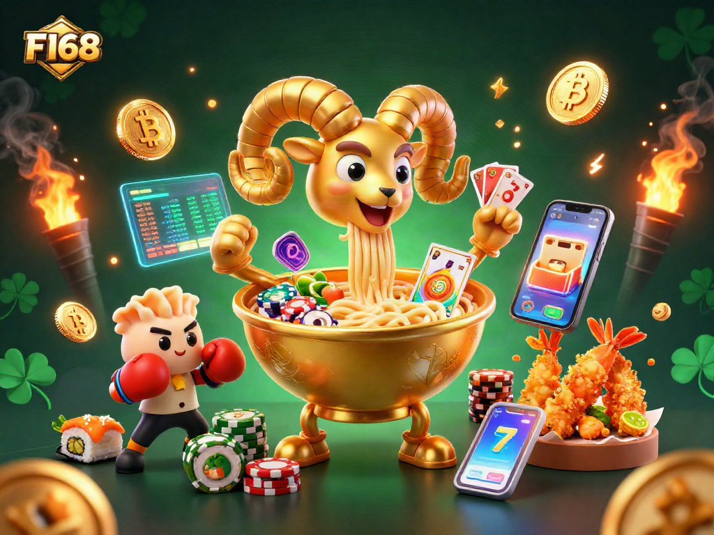 F168 illustration showcasing dynamic casino elements with a vibrant golden ramen bowl character and crypto coins.