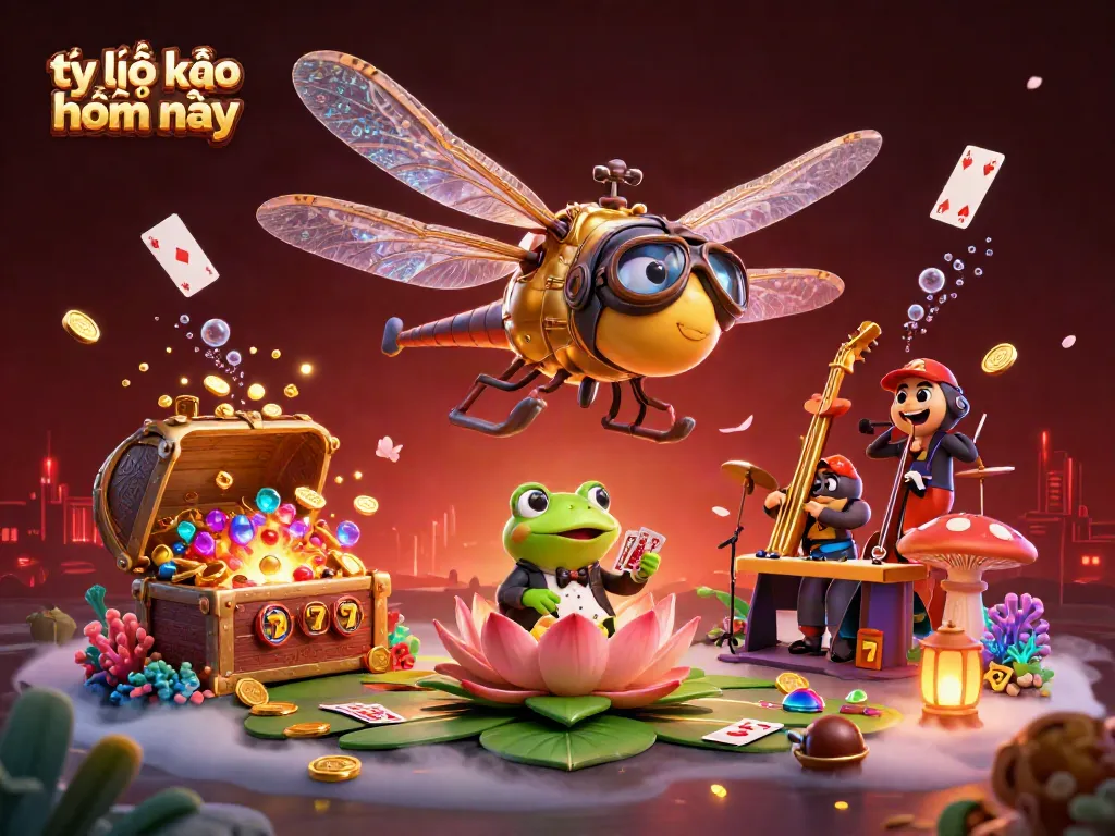 Explore tỷ lệ kèo nhà cái hôm nay with a dynamic 3D casino scene featuring a dragonfly pilot and frog dealer.