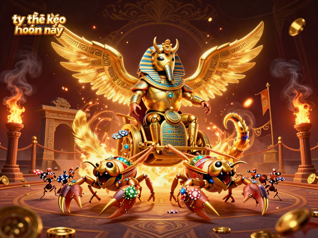 Engage with tỷ lệ kèo nhà cái hôm nay showcasing a stunning chariot pulled by scorpions in a dramatic gambling scene.