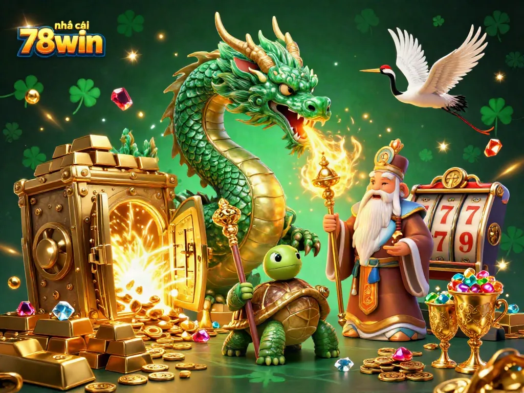 Experience thrilling gameplay at nhà cái 78win, featuring a dynamic scene with an emerald dragon and luck-inducing elements.