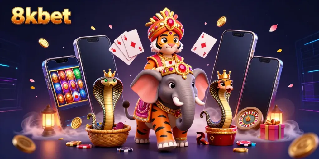 Experience the excitement of 8xbet with a vivid 3D scene featuring a majestic tiger and a jewel-encrusted elephant in a casino atmosphere.