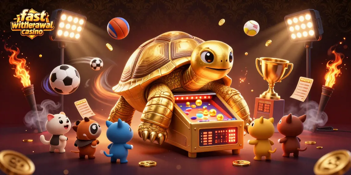 Experience the excitement of a fast withdrawal casino with a lively scene of a golden tortoise and playful animals.