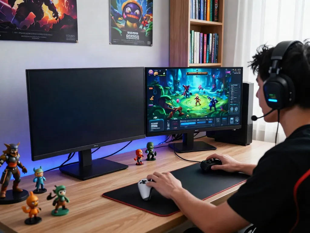 Player engaging with ROKOK88 monsters on dual monitors, showcasing the latest features and vibrant gameplay.