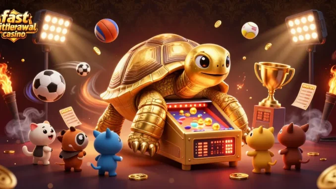 Experience the excitement of a fast withdrawal casino with a lively scene of a golden tortoise and playful animals.